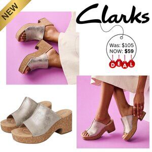 Clarks NEW NIB Buttery Soft Nubuck Leather Metallic Slides Sandals Wide | Med